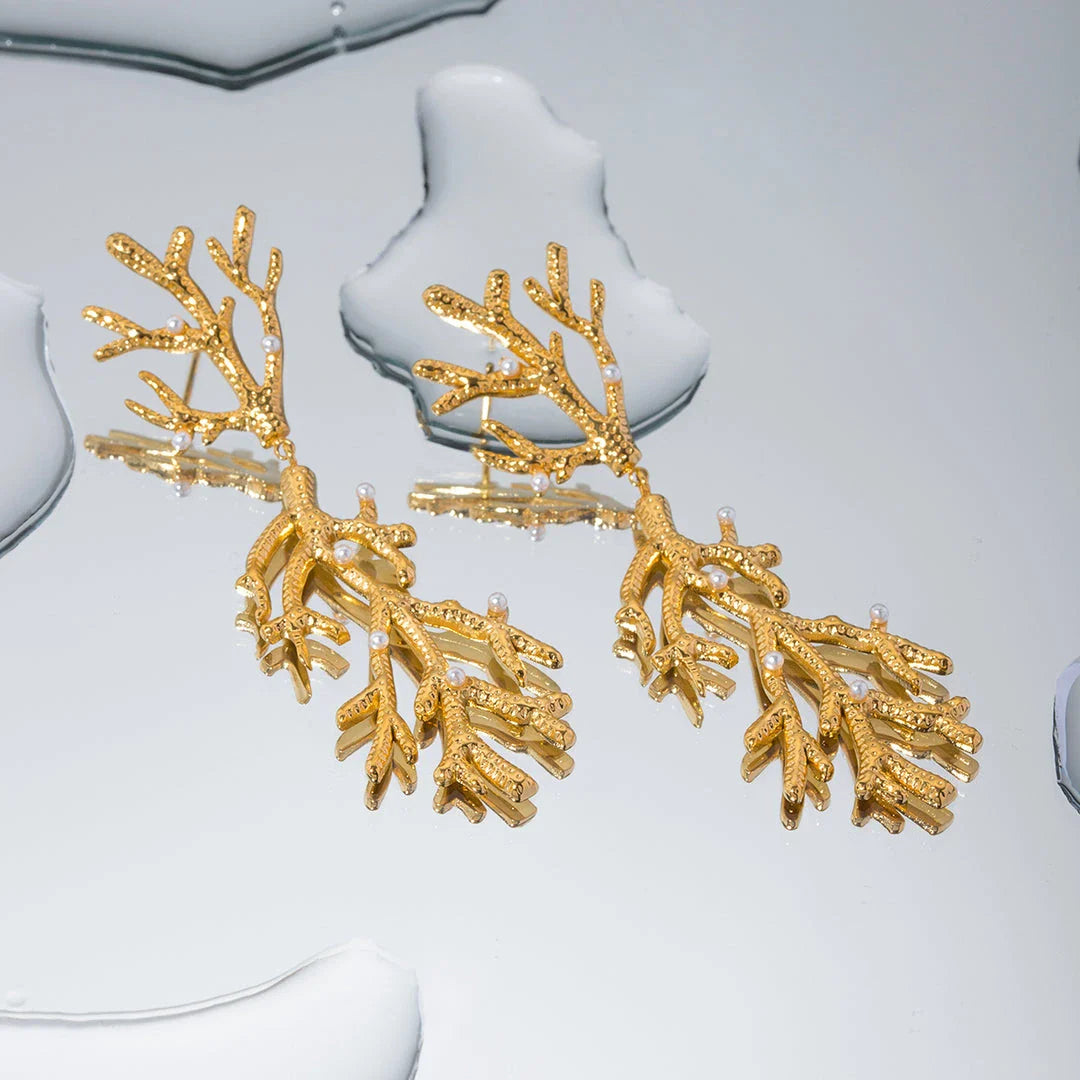 Elegant 18K gold plated coral pearl pendant earrings with a secure stud closure and a tarnish-proof finish