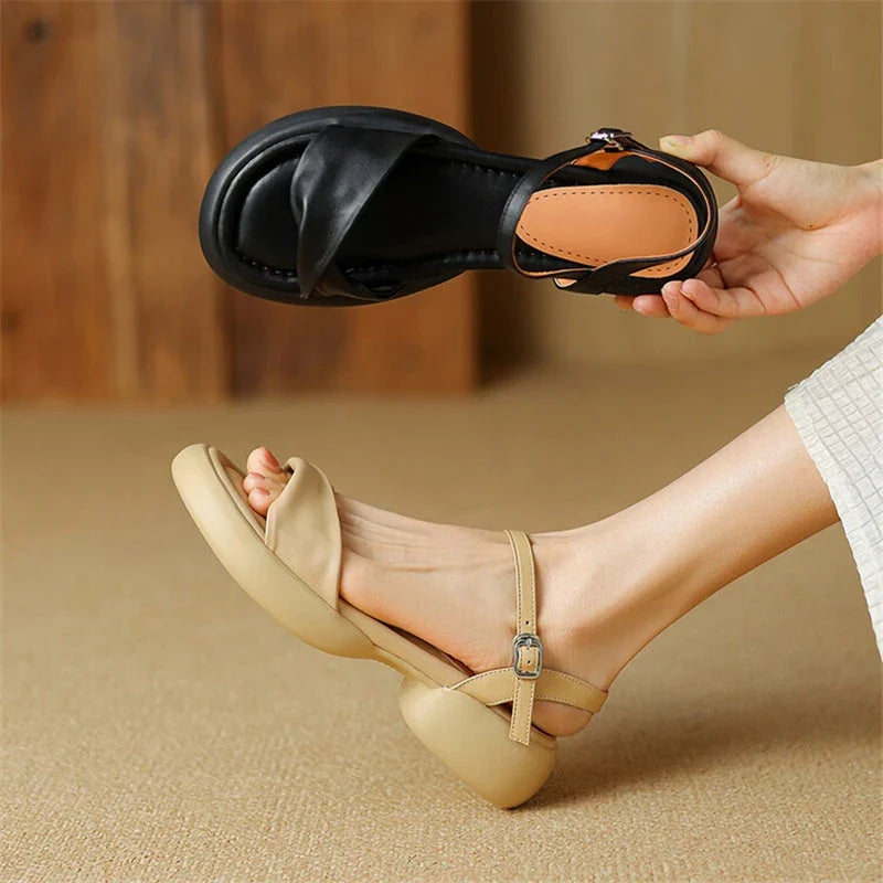 Premium leather chunky heel sandals in black with adjustable buckle strap for comfortable, stylish summer wear
