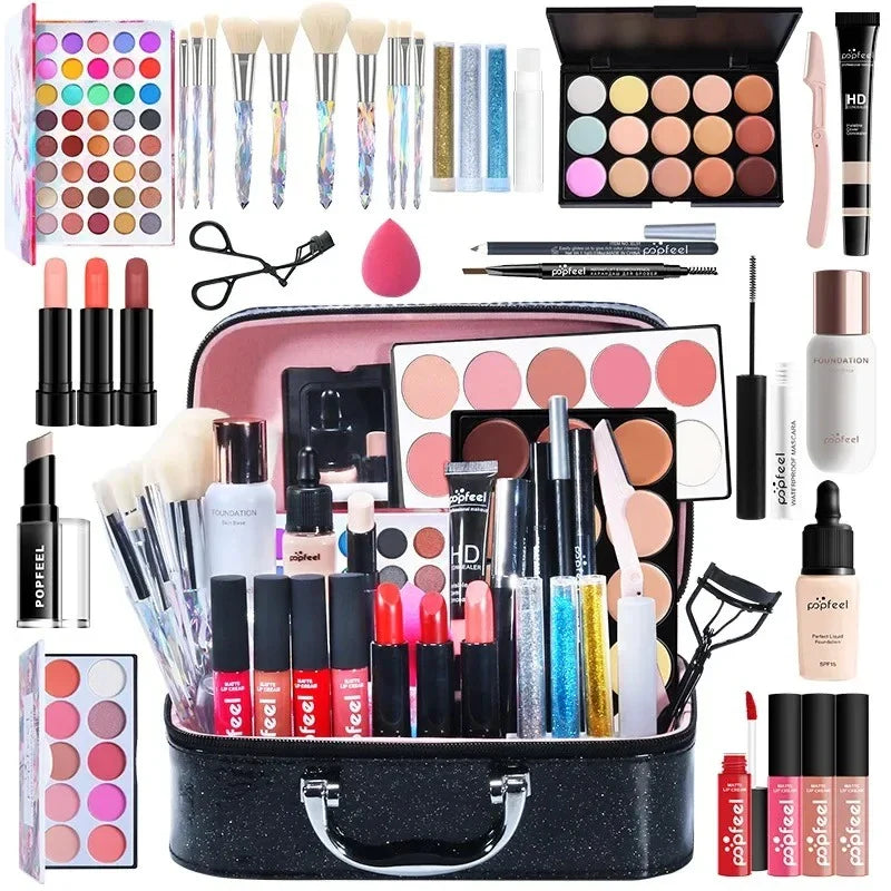 Premium makeup essentials set for novice beauty enthusiasts, including foundation, eyeshadow, lipstick, and other cosmetic products in natural, neutral shades