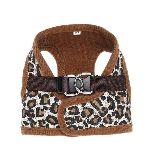 A stylish leopard-print dog harness made of durable polyester material for fashionable pups
