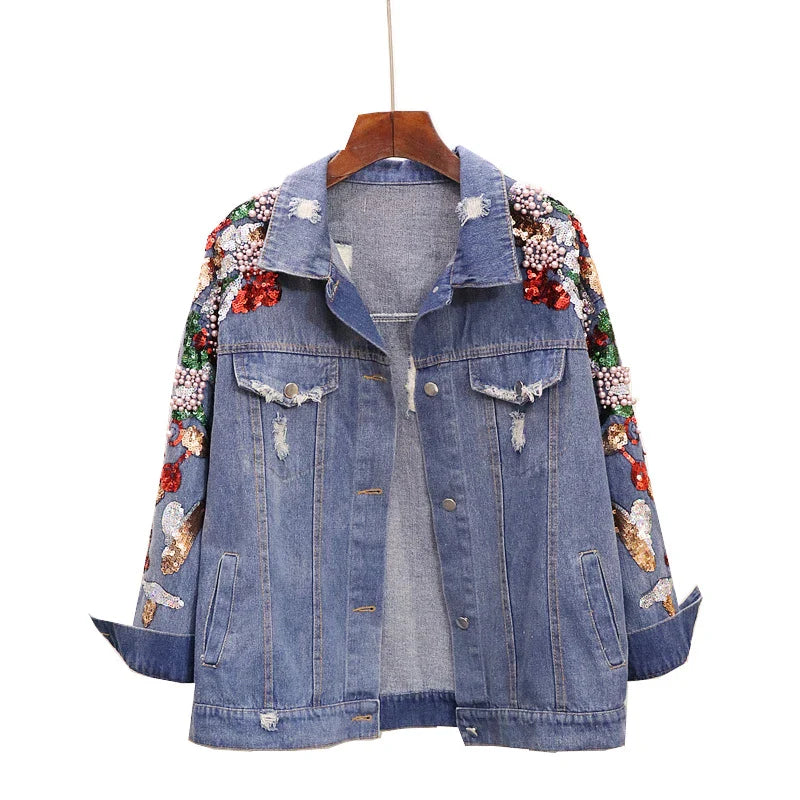 Premium embroidered denim jacket with slimming beaded sequins in a relaxed, flattering fit