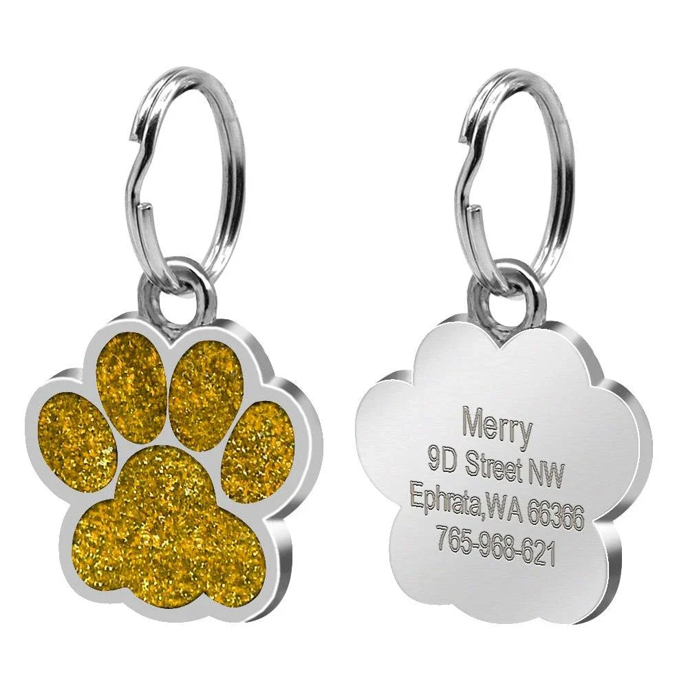 Paw-shaped pet ID tag with rhinestone embellishments, designed for safety and style
