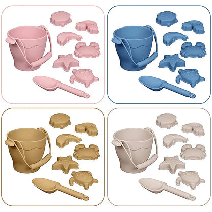 Premium eco-friendly silicone beach playset with bucket, spades, and themed molds for children's creative outdoor play