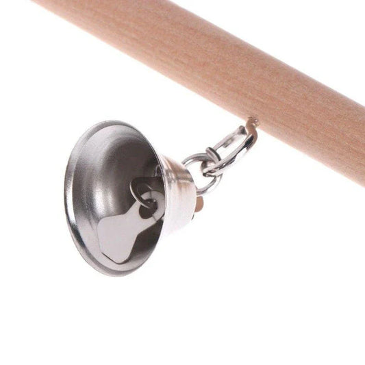 A natural wooden swing with a bell, designed as a perch and toy for parrots to enjoy in their cage or aviary.