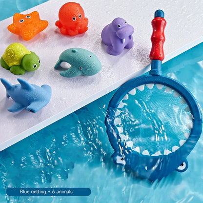 A set of colourful, floating bath toys including a fishing pole and net for interactive play