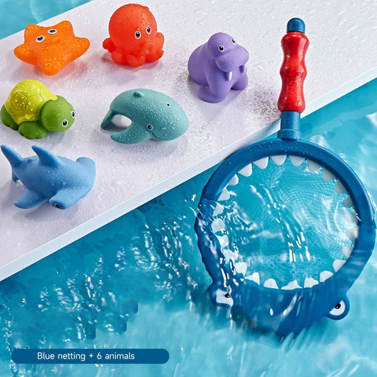 A set of colourful, floating bath toys including a fishing pole and net for interactive play
