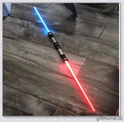 Premium dual-bladed lightsaber with sleek silver hilt, vibrant light modes, and sound effects for authentic Star Wars gameplay