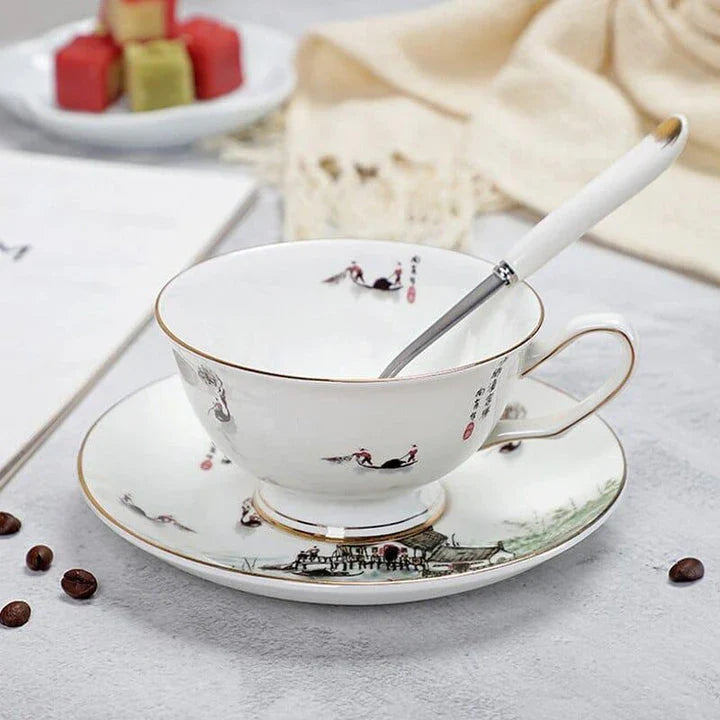 Charming floral porcelain tea set with cup, saucer, and spoon in a variety of delicate colour options