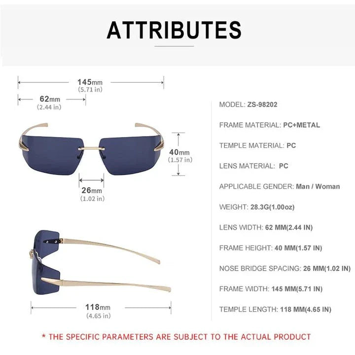 Elegant rimless rectangular sunglasses with a sleek, minimalist design and contemporary silhouette