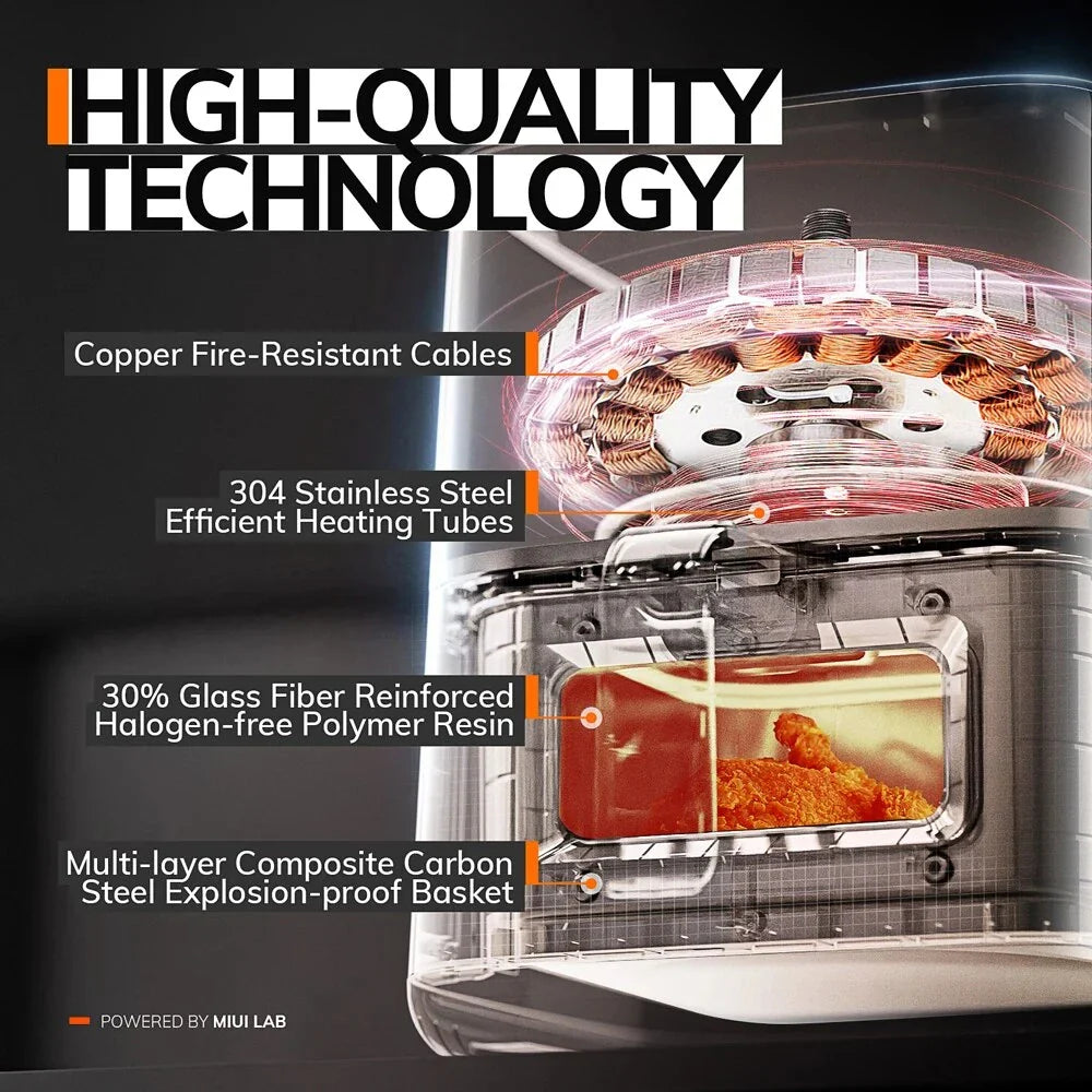 A powerful, family-sized air fryer with a touchscreen control panel and a transparent window for monitoring cooking progress.