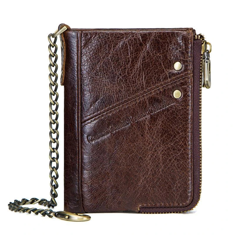 Premium leather coin purse with dual zipper closure, compact vertical design, and cowhide construction for men