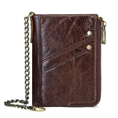 Premium leather coin purse with dual zipper closure, compact vertical design, and cowhide construction for men