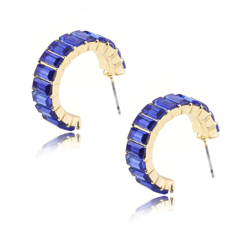 Multicolour glass diamond C-shaped earrings with alloy-inlaid artificial gems and semi-precious stones
