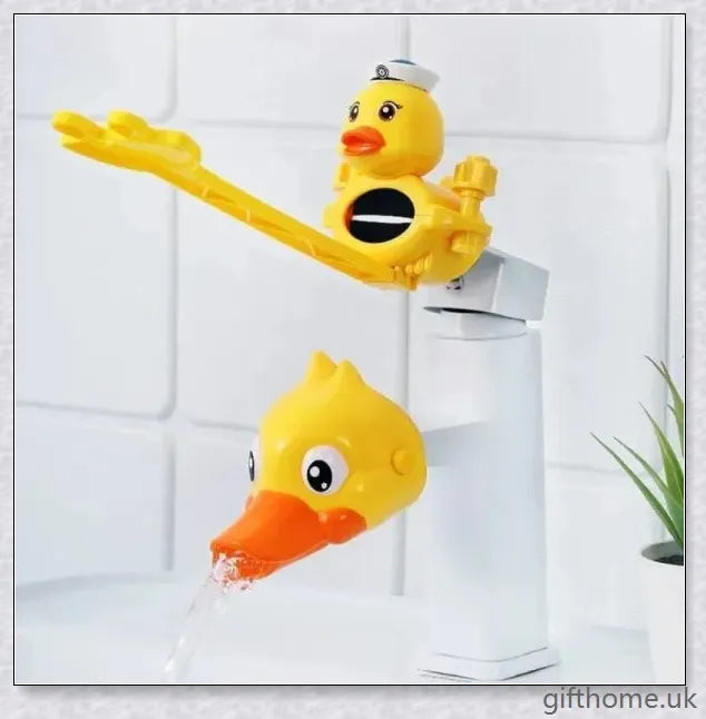 A yellow duck-shaped faucet extender that elevates a child's hand-washing experience at the sink