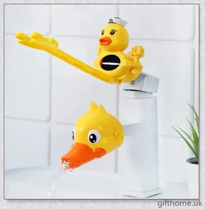 A yellow duck-shaped faucet extender that elevates a child's hand-washing experience at the sink
