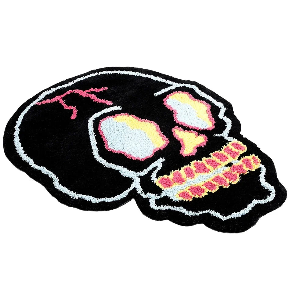 A stylish, black and pink skull-patterned area rug with an irregular, funky design for a modern living room or bedroom