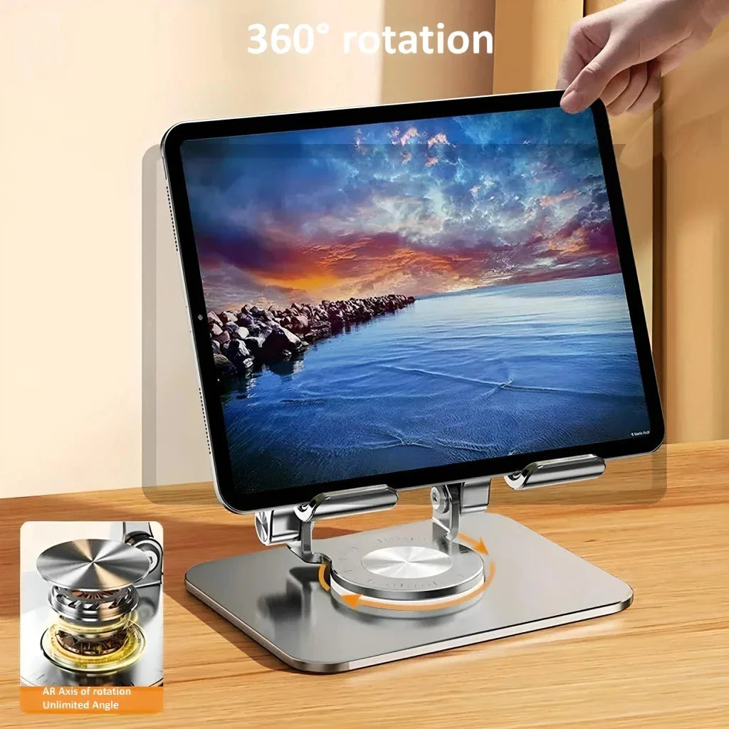 Premium Adjustable 360° Rotating Tablet and Phone Stand made of durable aluminium alloy, foldable for easy travel