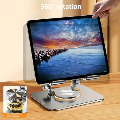 Premium Adjustable 360° Rotating Tablet and Phone Stand made of durable aluminium alloy, foldable for easy travel
