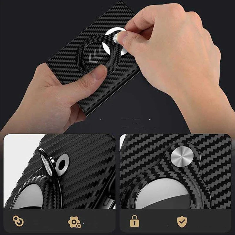 Premium carbon fibre and genuine leather card holder with stylish black and stripe design, offering anti-theft protection and ample storage for the modern UK consumer