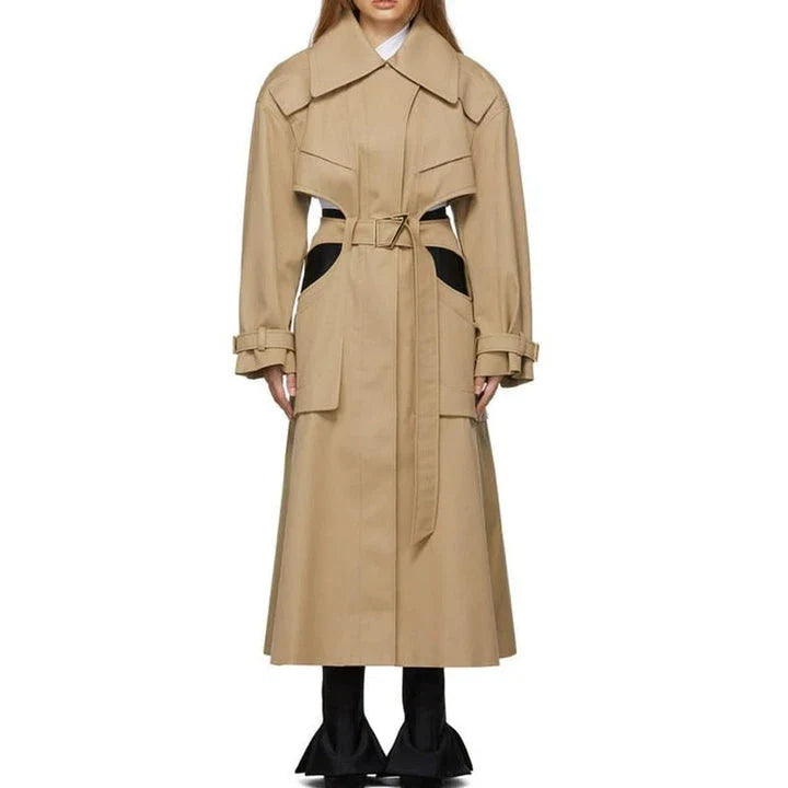 A stylish high-waist hollow-out trench coat in khaki green, designed for the modern British woman's autumn wardrobe.