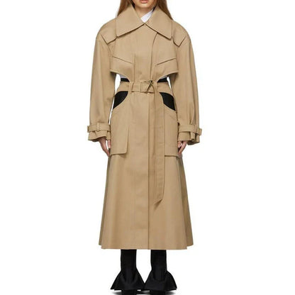 A stylish high-waist hollow-out trench coat in khaki green, designed for the modern British woman's autumn wardrobe.