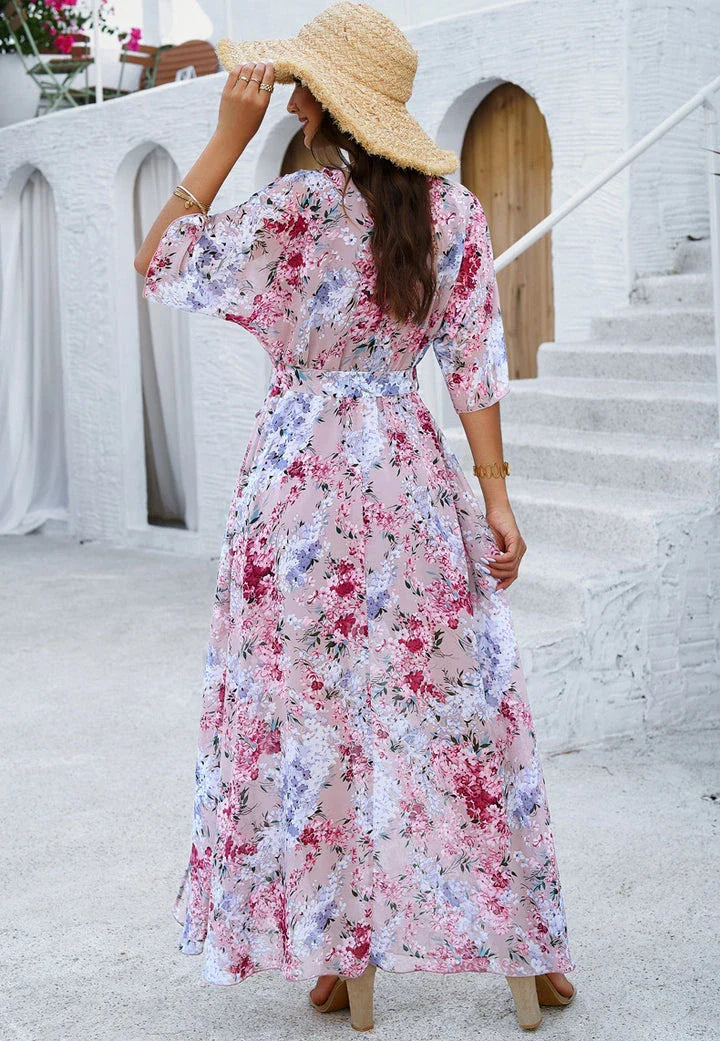Elegant V-Neck Floral Print Dress with Cinched Waist - Ankle-Length, Stretch Fabric, Versatile Design