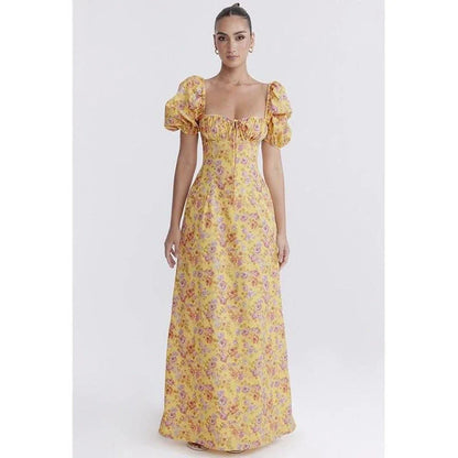 Elegant long maxi summer dress in blue with a flattering fit and flare silhouette, perfect for parties and nights out.