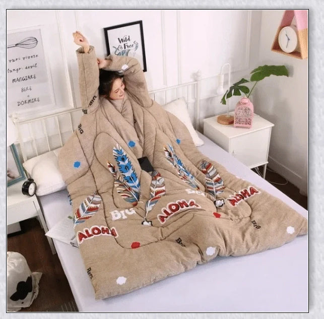 A cosy, wearable quilt with sleeves in a variety of colourful designs, perfect for staying warm and comfortable during the winter months.