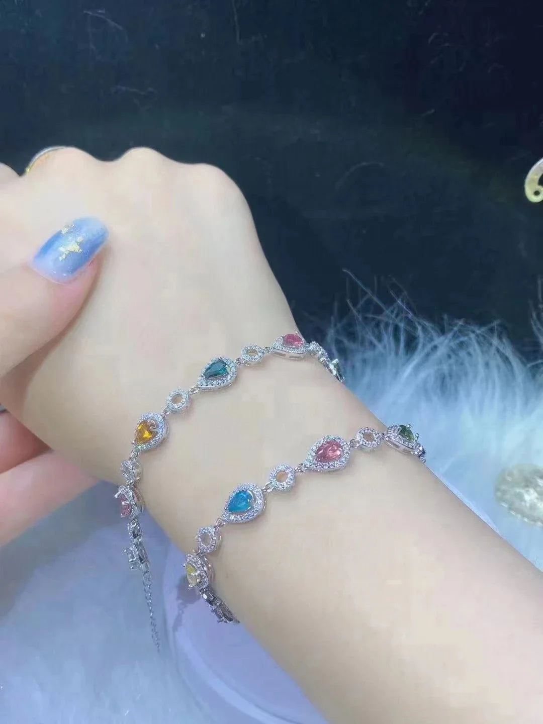 Premium natural tourmaline bracelet with candy-coloured accents and a geometric design