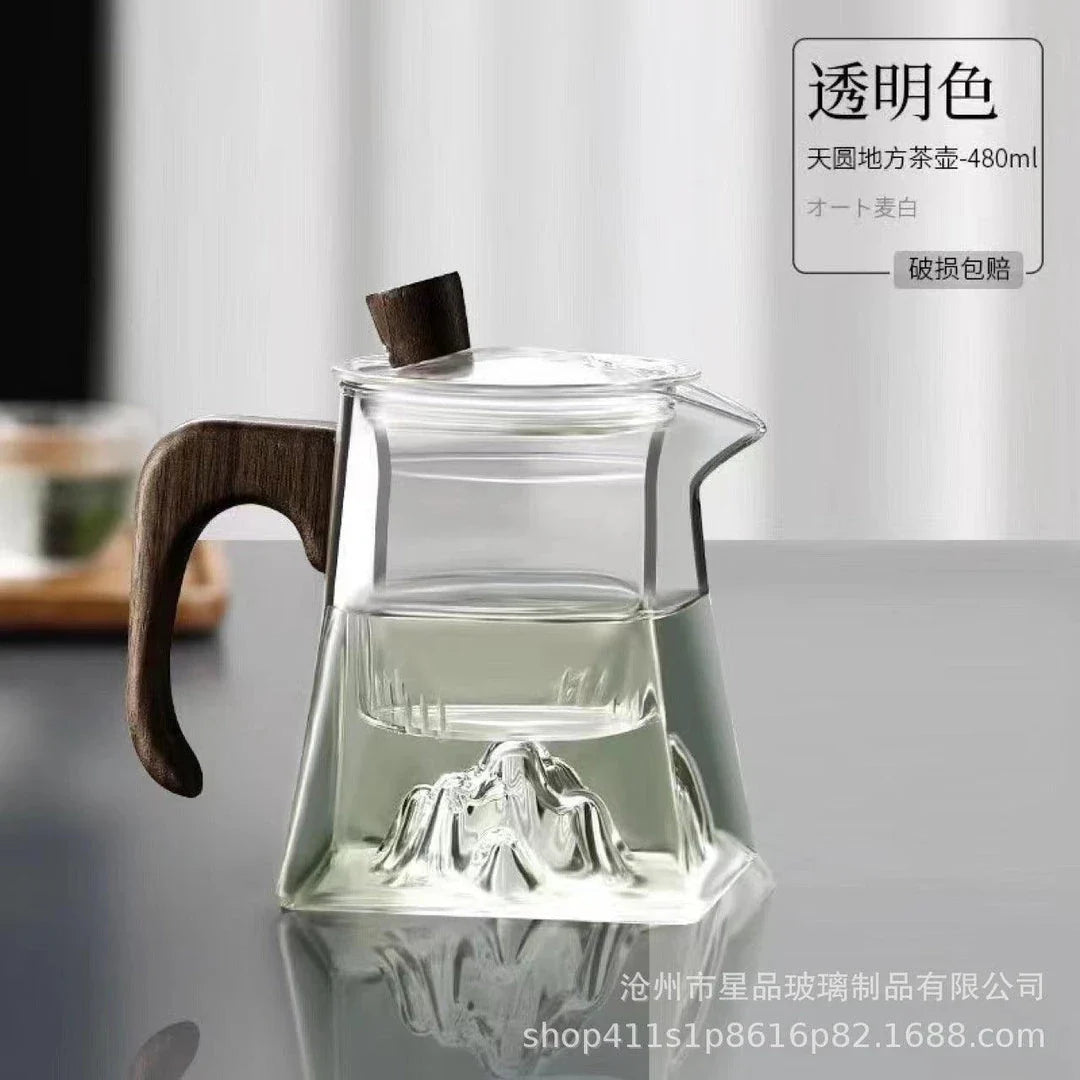 Premium high-capacity borosilicate glass teapot with smoky grey mountain view design