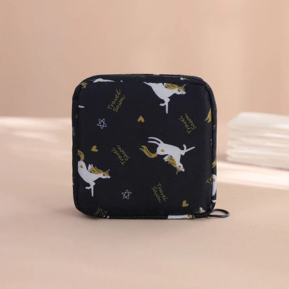 Portable Sanitary Napkin and Cosmetic Storage Bag in Tibetan Unicorn design, with a compact, folding design and contemporary pattern