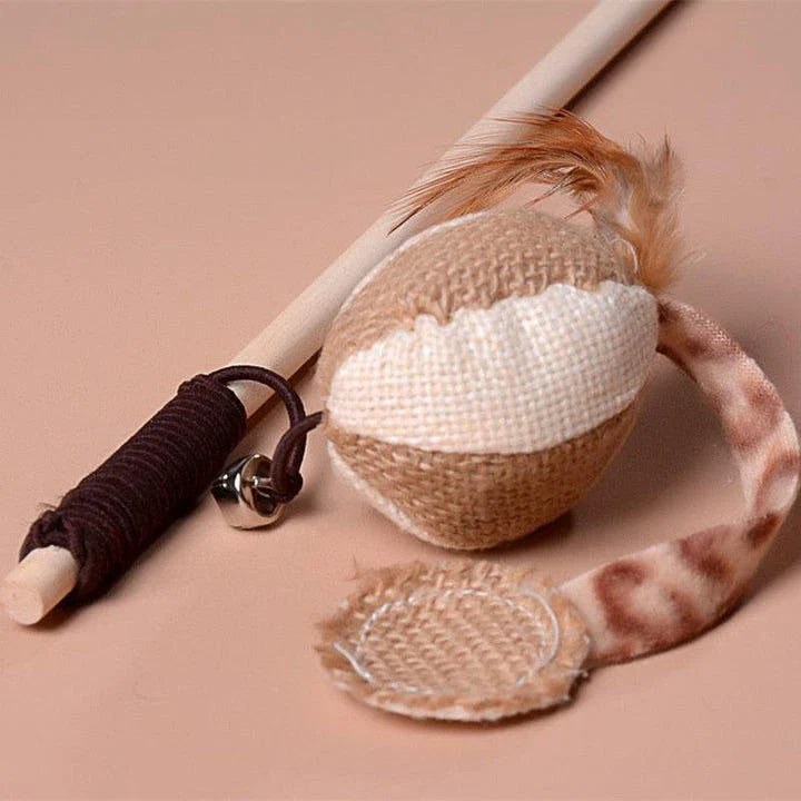 A wooden cat toy with a ball-shaped design, designed to engage cats in playful chasing and swatting activities.
