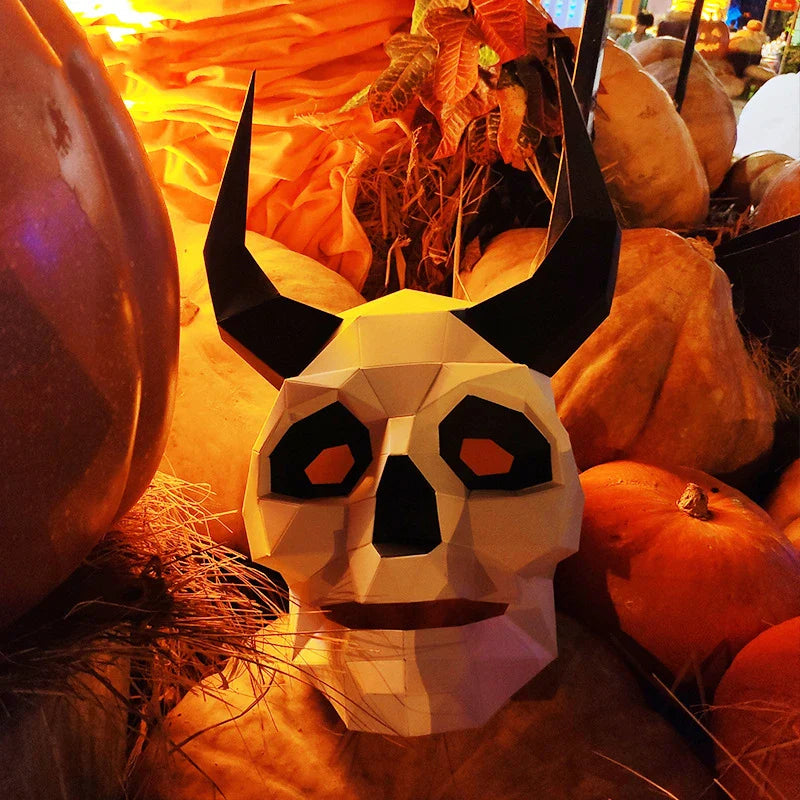 Premium handcrafted Devil Skull Papercraft Mask with horns, perfect for Halloween celebrations