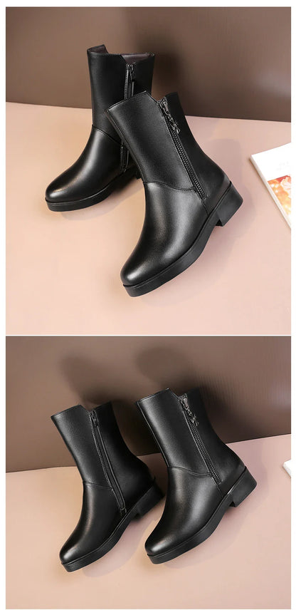 Luxurious black velvet padded ankle boots with thick heels for women, featuring a rounded toe and side zipper closure