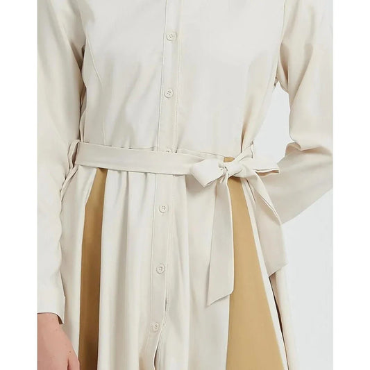 Elegant beige A-line dress with long sleeves, turn-down collar, and included belt for a flattering fit