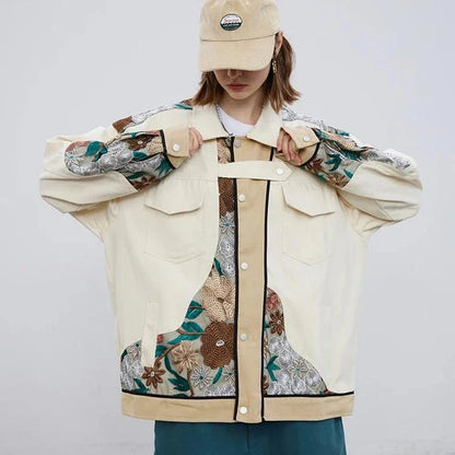 Trendy embroidered patchwork denim jacket in various sizes, perfect for autumn and winter wear
