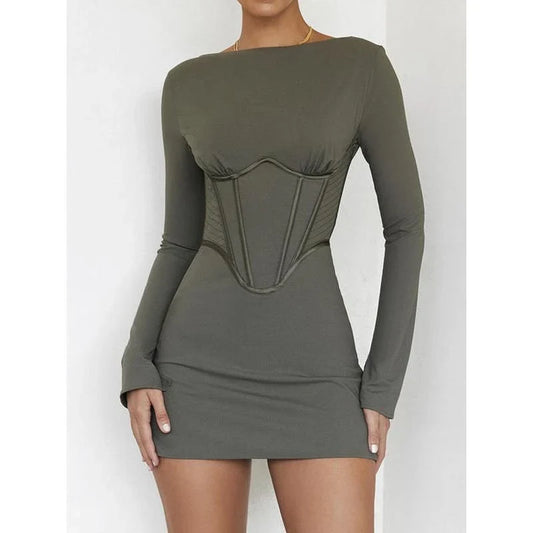 Elegant backless mini dress with full sleeves, made from a premium cotton-polyester blend for comfort and durability.