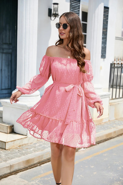 Stylish one-shoulder chiffon dress with ruffled bubble dot design, available in various sizes and blue colour