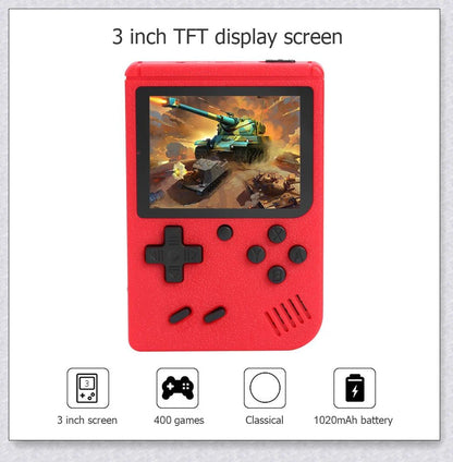 Tinytendo mini gaming console with 500 built-in retro games, compact and portable design, vibrant display, and long-lasting battery life.