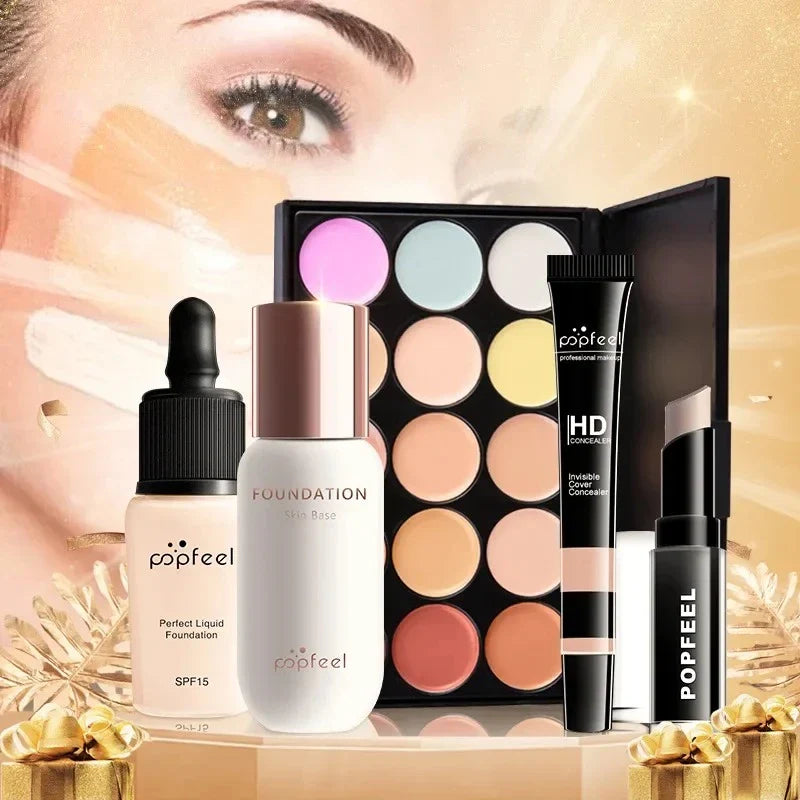 Premium makeup essentials set for novice beauty enthusiasts, including foundation, eyeshadow, lipstick, and other cosmetic products in natural, neutral shades