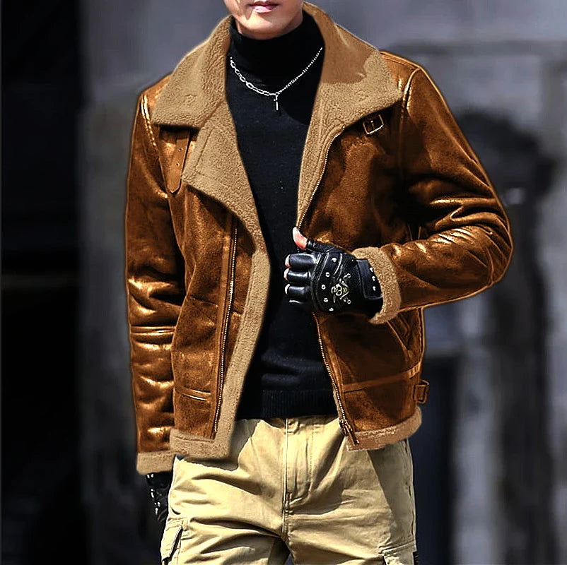 Premium lamb wool suede jacket for men in a range of classic British colours, featuring a sophisticated tailored design and plush fleece lining for optimal warmth and comfort.