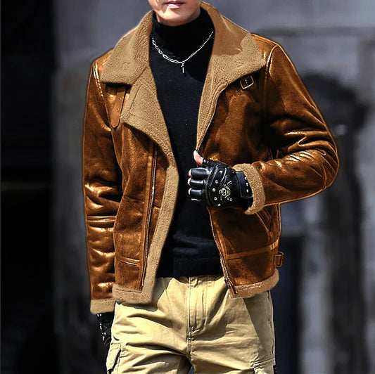 Premium lamb wool suede jacket for men in a range of classic British colours, featuring a sophisticated tailored design and plush fleece lining for optimal warmth and comfort.