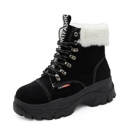 Stylish British platform boots with faux suede upper, lace-up closure, and wedge heel design