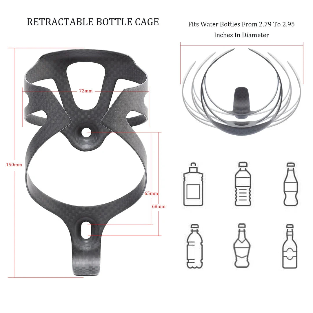 Carbon fibre bicycle water bottle cage with sleek matte black finish and secure design for cycling enthusiasts