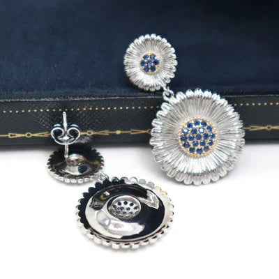 Long Small Daisy Stud Earrings in two-tone design for fashionable British women