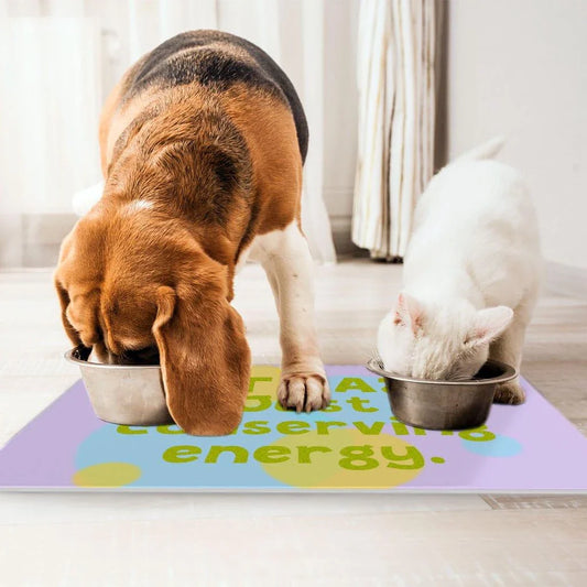 Themed pet food mat with anti-slip design, made of durable polyester and rubber for easy cleaning