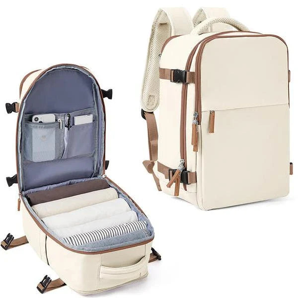 A durable and spacious travel backpack with multiple compartments and padded shoulder straps, suitable for British adventurers and commuters.