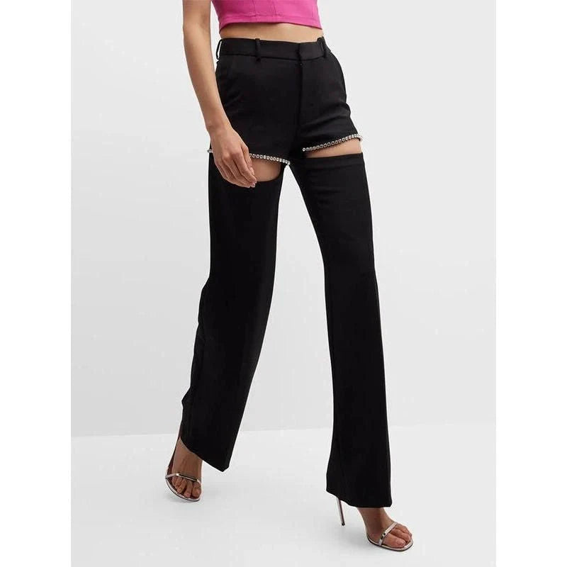 Sophisticated high-waist, wide-leg trousers with spliced diamond detailing for a stylish and comfortable look