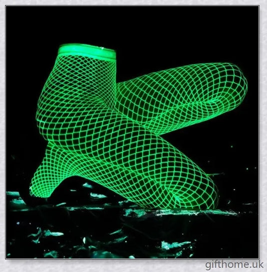 Pair of radiant fishnet stockings emitting a luminous glow, perfect for parties and festivals