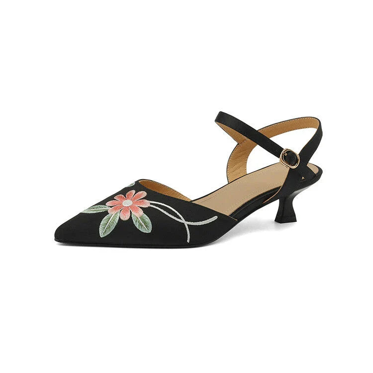 Elegant Embroidered Pointed Toe Sandals with Spike Heels in Black